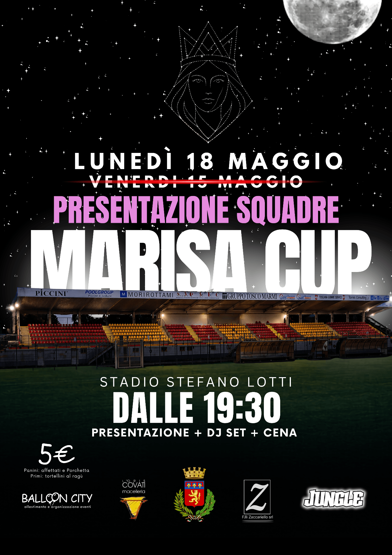 Locandina aggiornata Marisa Cup — Lunedì 18 maggio, Stadio Stefano Lotti, dalle 19:30